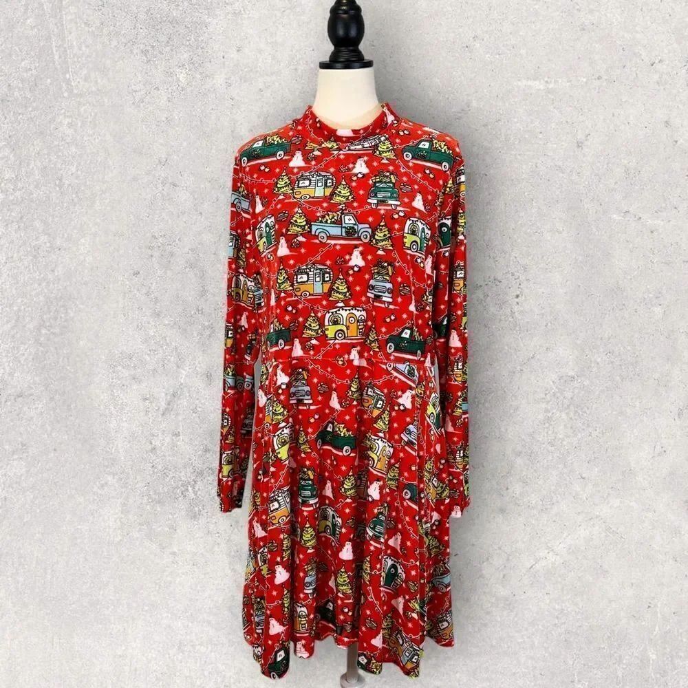Born Famous Ugly Christmas Sweater Dress Red Long Sleeve Fit & Flare Size XXL